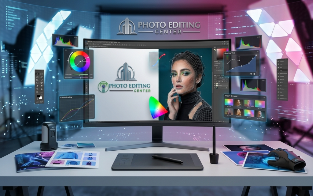 Professional photo editing service free trial with graphic design monitor showing image masking and color grading tools